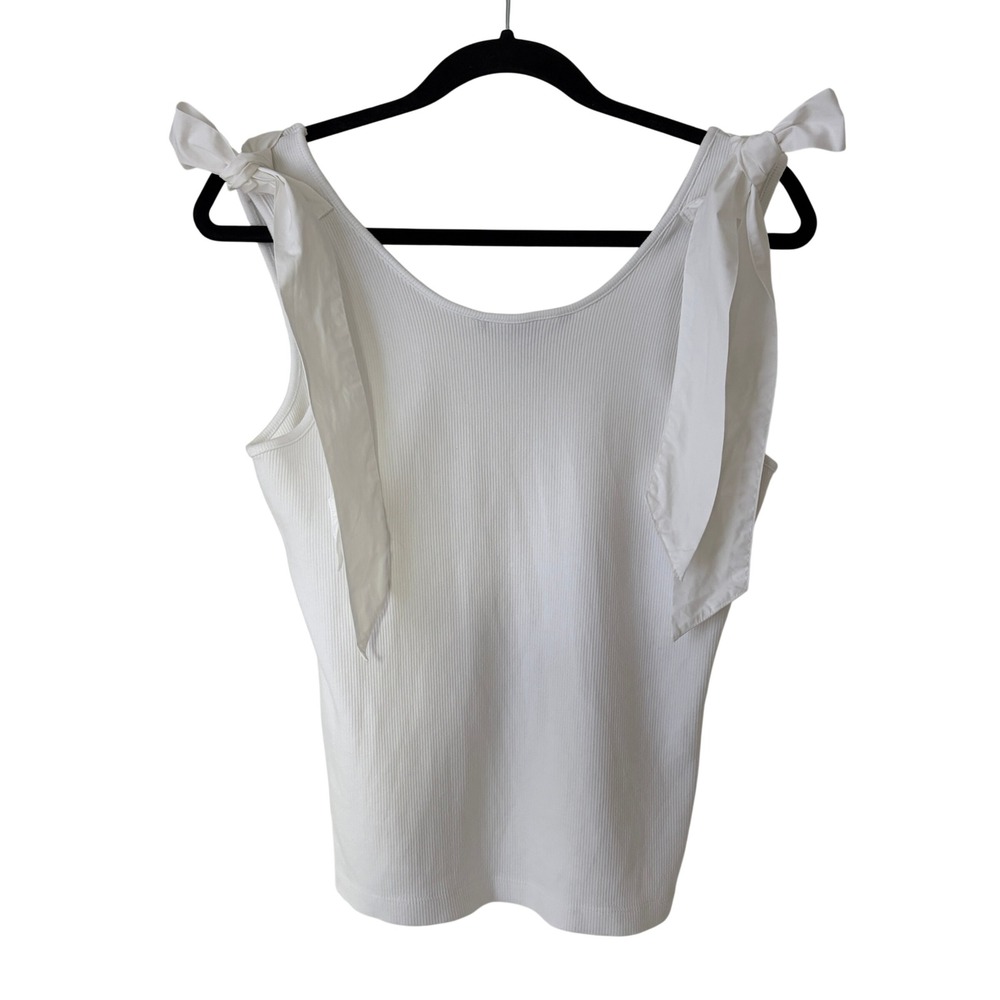 French Connection White Ribbed Bow Shoulder Tank Top Women's Large